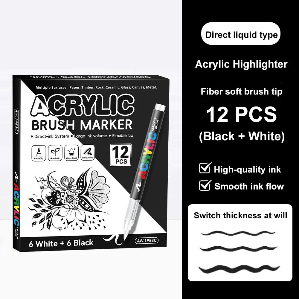 12-Pc Black & White Acrylic Paint Markers – Waterproof DIY Set Acrylic Paint Markers HIP 6 White 6 Black