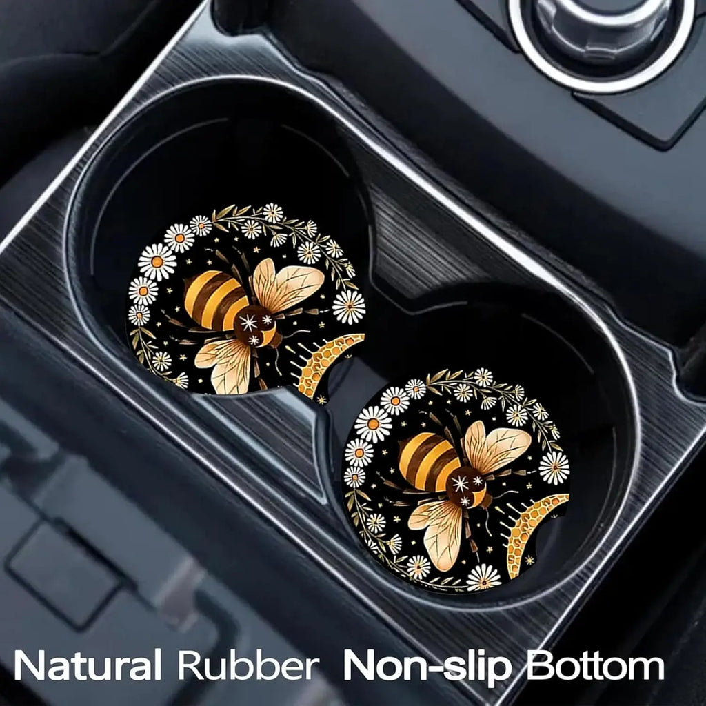 2-Pack Bee Ceramic Car Cup Holder Coasters – 2.75" Anti-Slip Car Cup Holder Coaster HIP