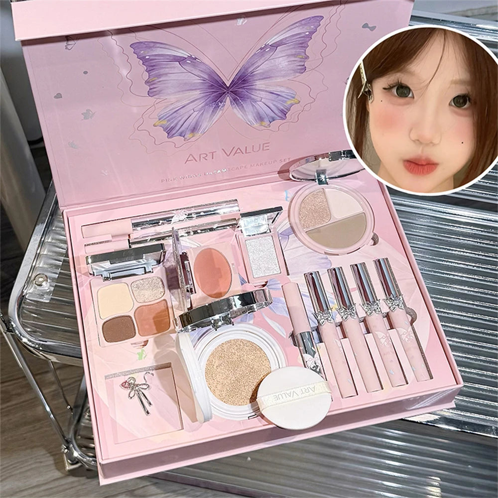 13Pcs Full Face Makeup Kit Butterfly Eyeshadow Blush Highlighter Contour Lip Mud Air Cushion Eye Brow Gel Mascara Necklace Gift HIP