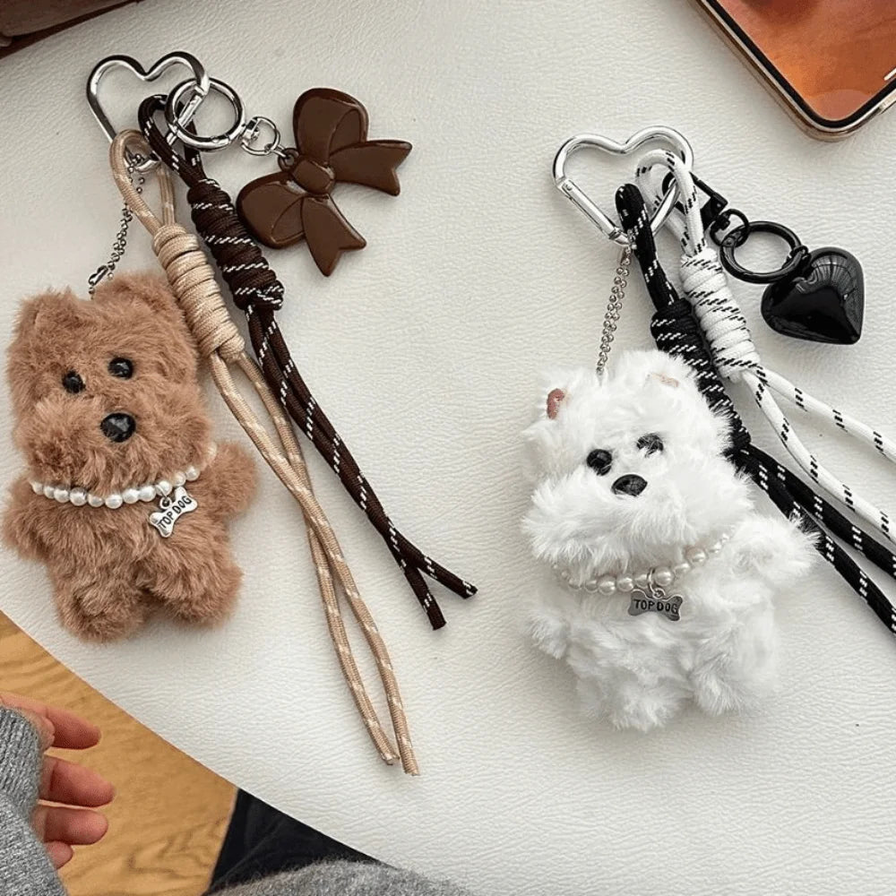 Plush Dog Bag Charm Keychain Pendant – Coffee & White Plush Bag Charm HIP
