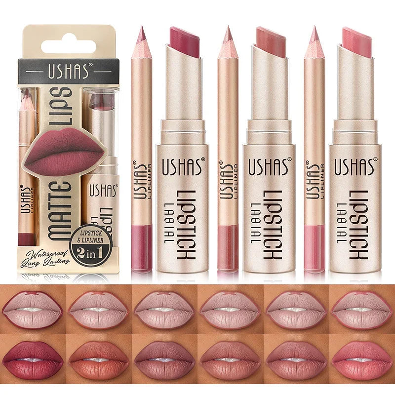 USHAS 12-Color Matte Lip Liner & Lipstick Set | Long Lasting Lip Liner & Lipstick Set HIP