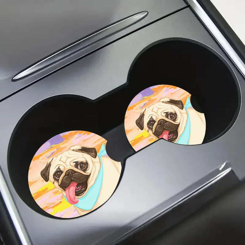 2-Pack Pug Dog Absorbent Cup Holder Coasters – Auto & Home Cup Holder Coasters HIP