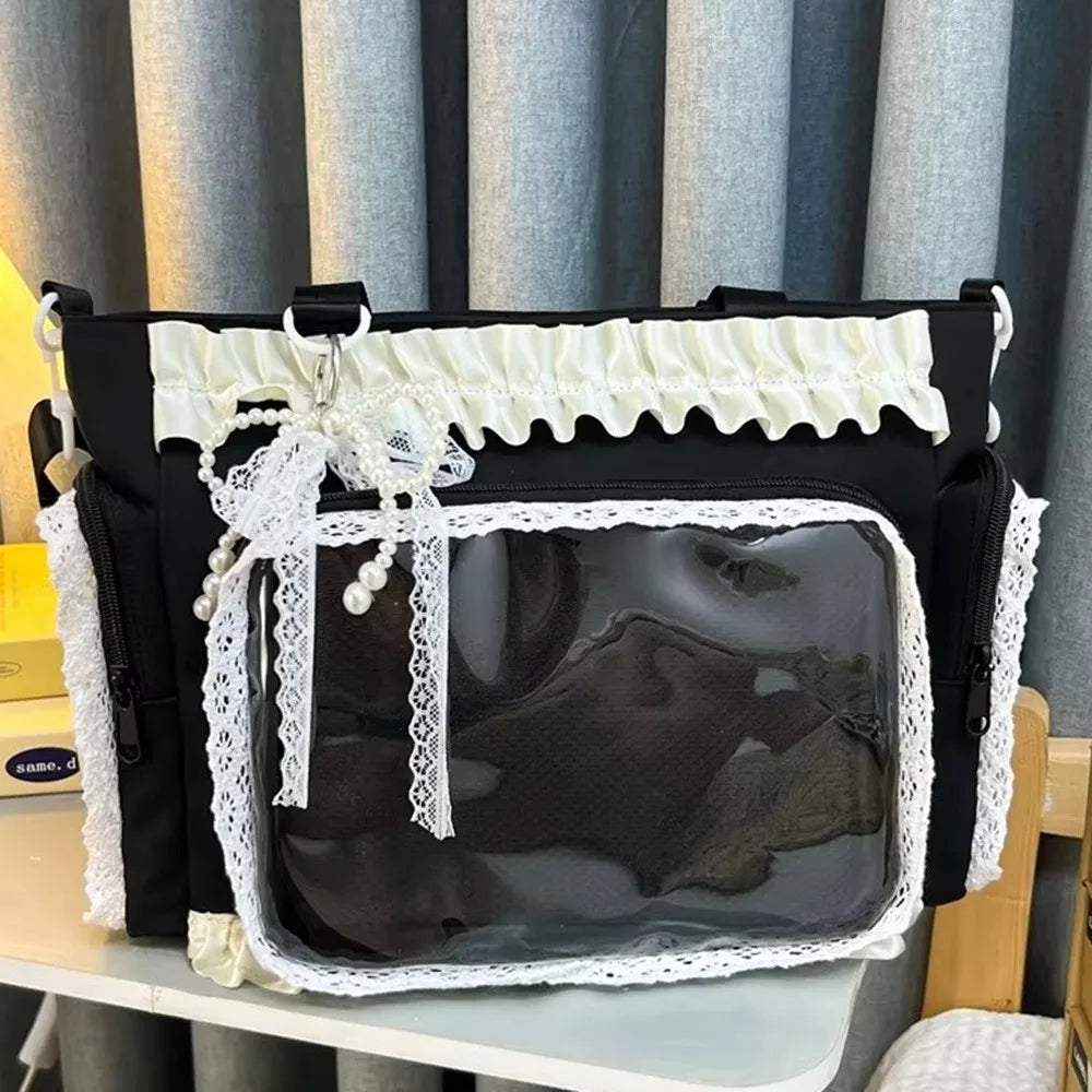 Y2K Japanese Ita Bag – Transparent Large Crossbody Tote Crossbody Tote Bag HIP Black With pendant