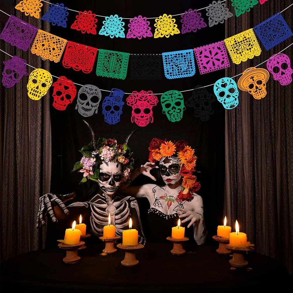 Reusable Day of the Dead Decor Banner Creative Colorful Skull Marigold Style Felt Banners Party Festival Garland Banner Ornament HIP