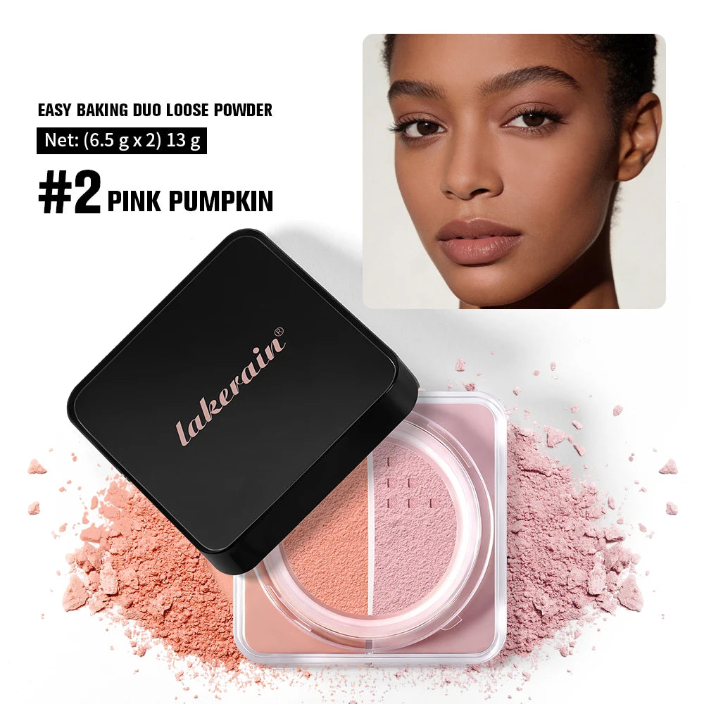 2 in 1 Bake Loose Powder Brightening&Correcting Duo Brightening Correcting Blurred Pores Matte LongLasting Setting Powder Makeup HIP 2Pink Pumpkin