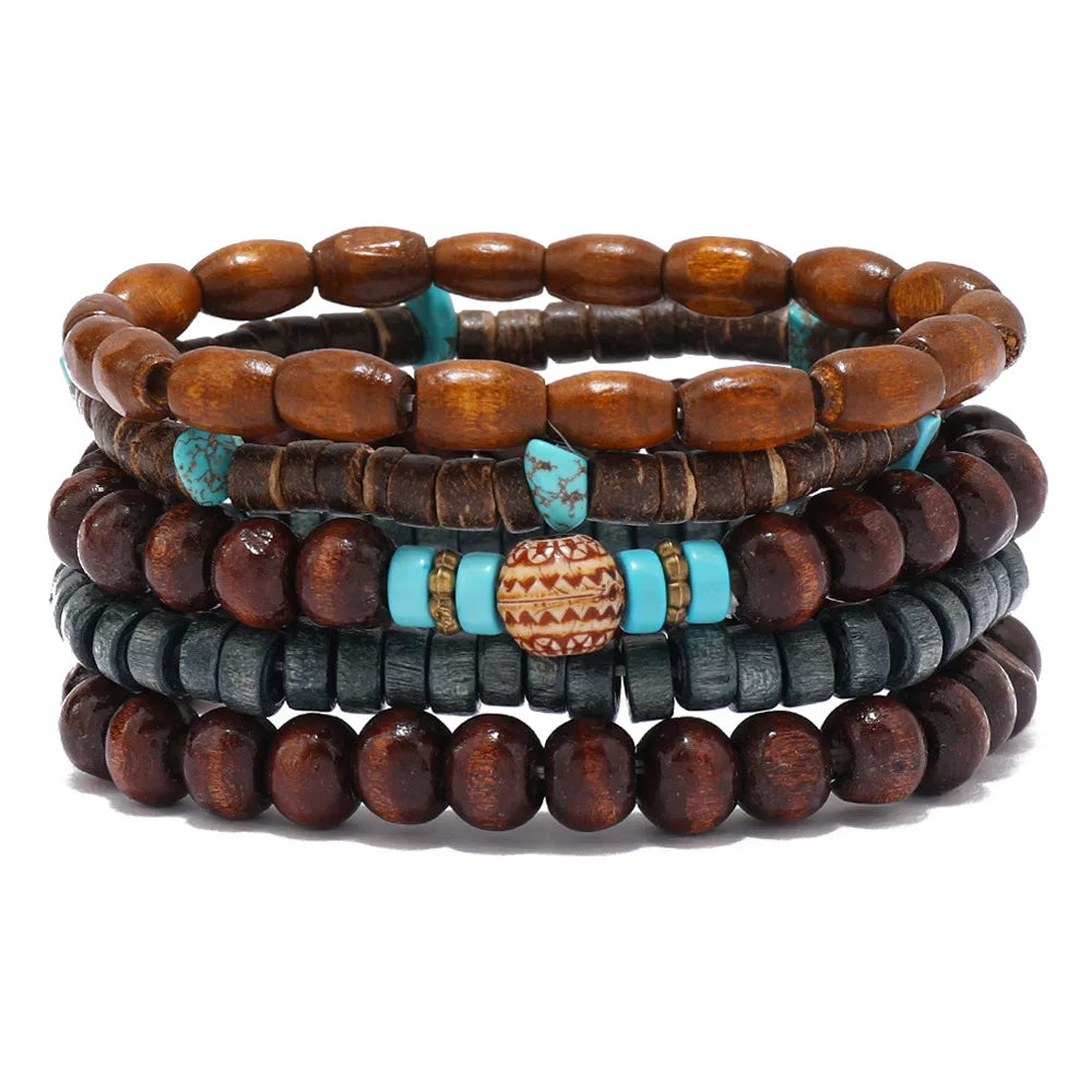 5Pcs Wood Beads Beaded Bracelet Set For Men Women Vintage Wood Beads Elastic Chain Bangle Fashion Daily Party Jewelry HIP