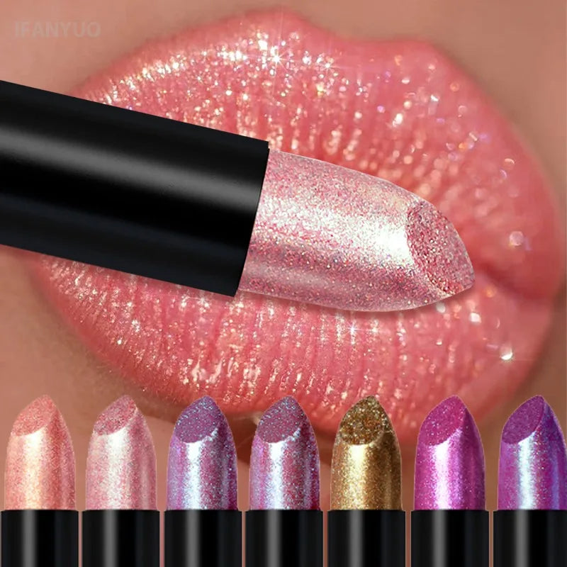 15‑Color Shimmer Metallic Glitter Lip Stick Waterproof High Pigment Shiny Lip Makeup Halloween Cosplay Stage Party Look Cosmetic HIP