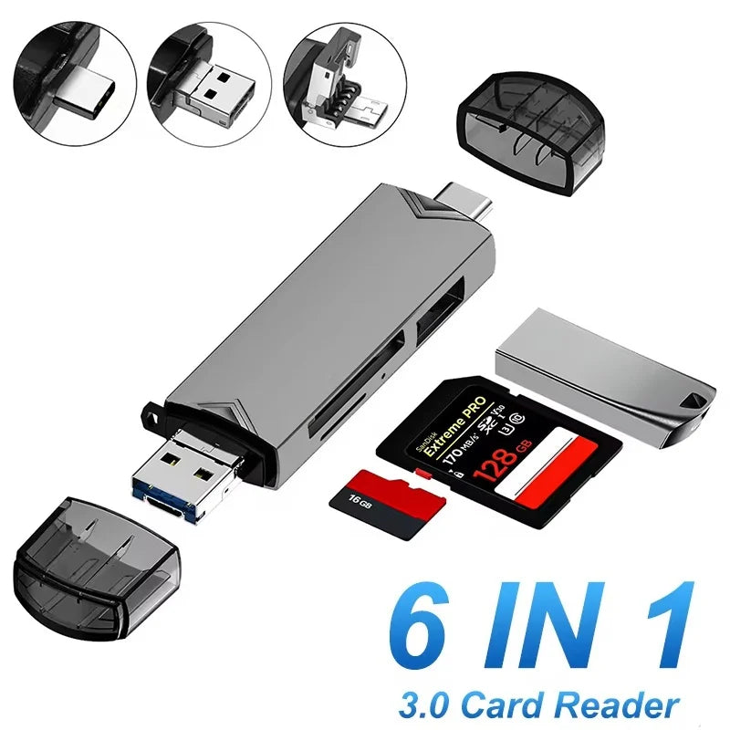 6-in-1 USB Type-C Micro USB OTG SD TF Card Reader Adapter USB Card Reader HIP