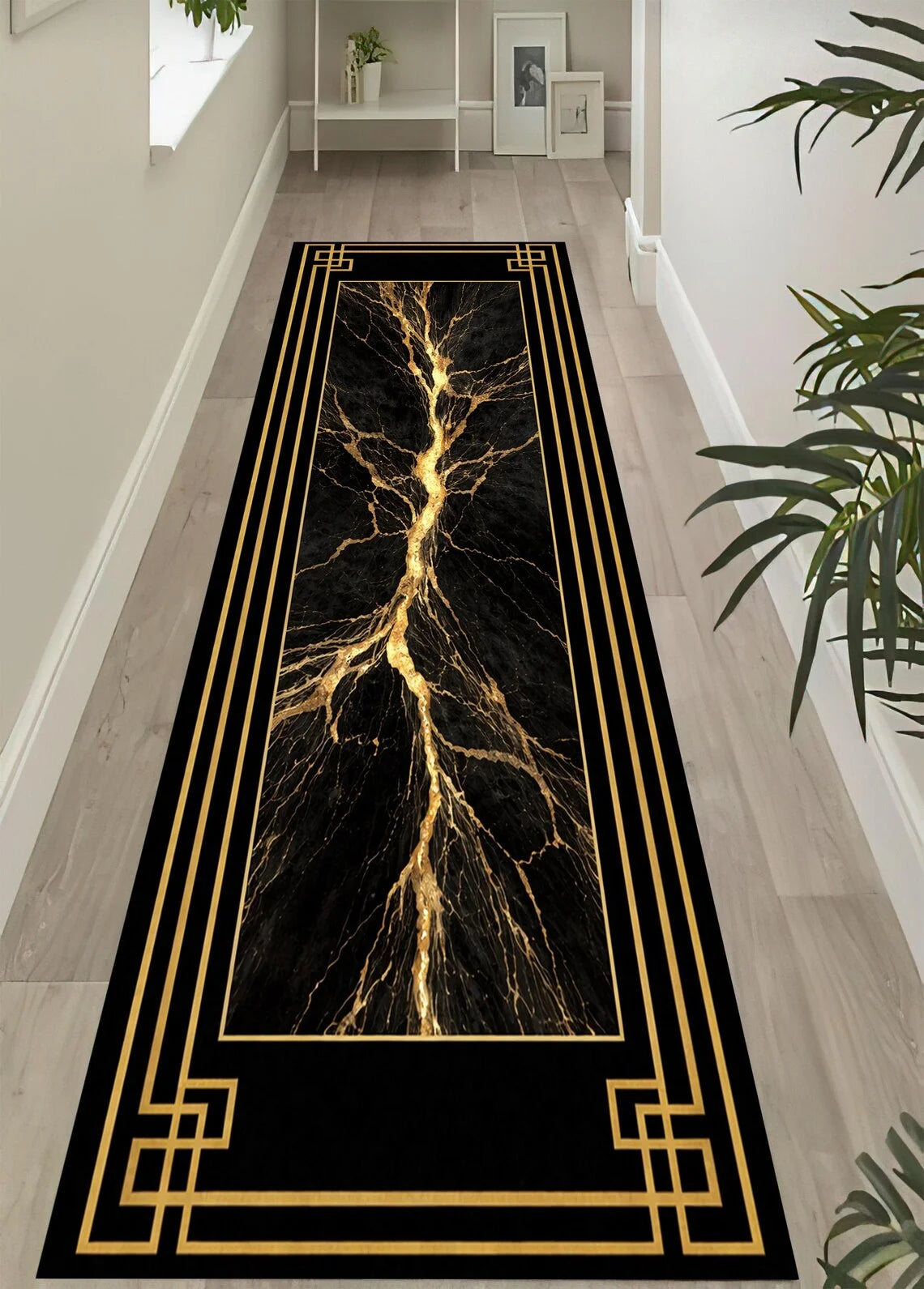 Black Gold Marble Runner Rug – Non-Slip Washable Floor Mat Runner Rug HIP 3 50X150cm-Felt