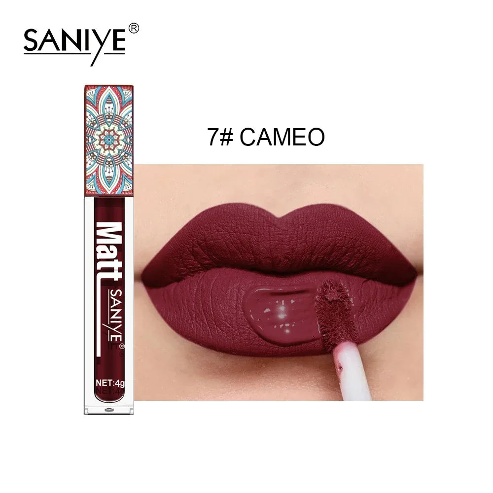SANIYE Brand Makeup Nude Lip Gloss Waterproof Liquid Matte Lipstick Long Lasting 4g Quick Dry Red Lip Gloss Cosmetics HIP 07