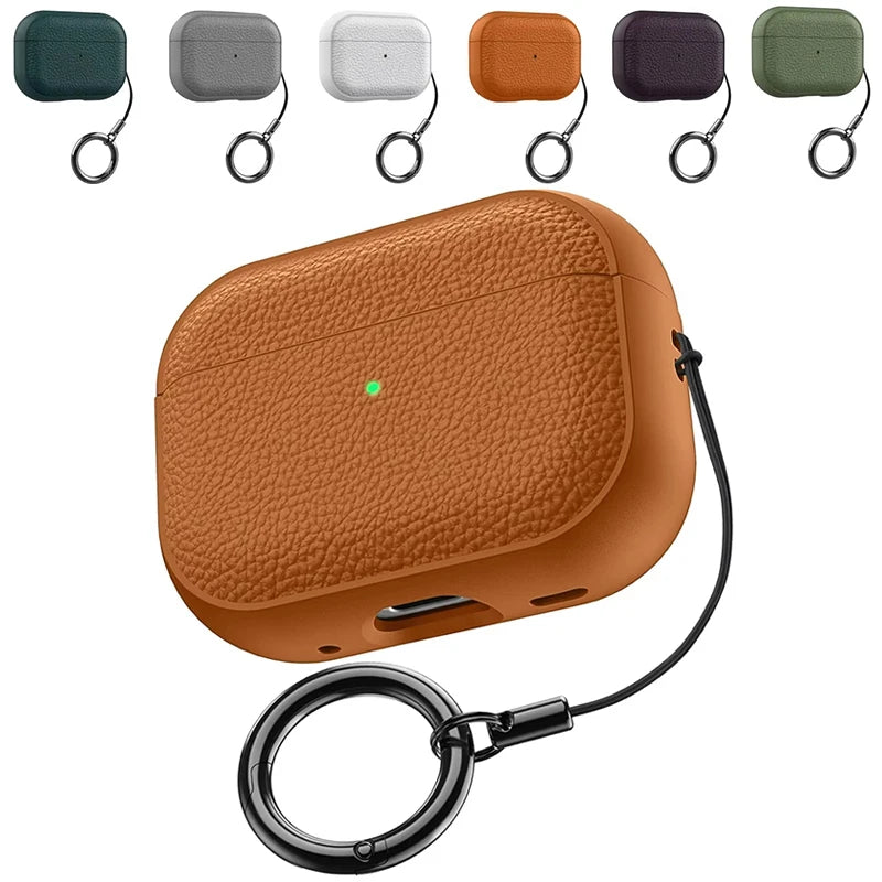 Lychee Leather AirPods Case with Hook Strap | Pro 1 2 3 4 Earphone Case HIP