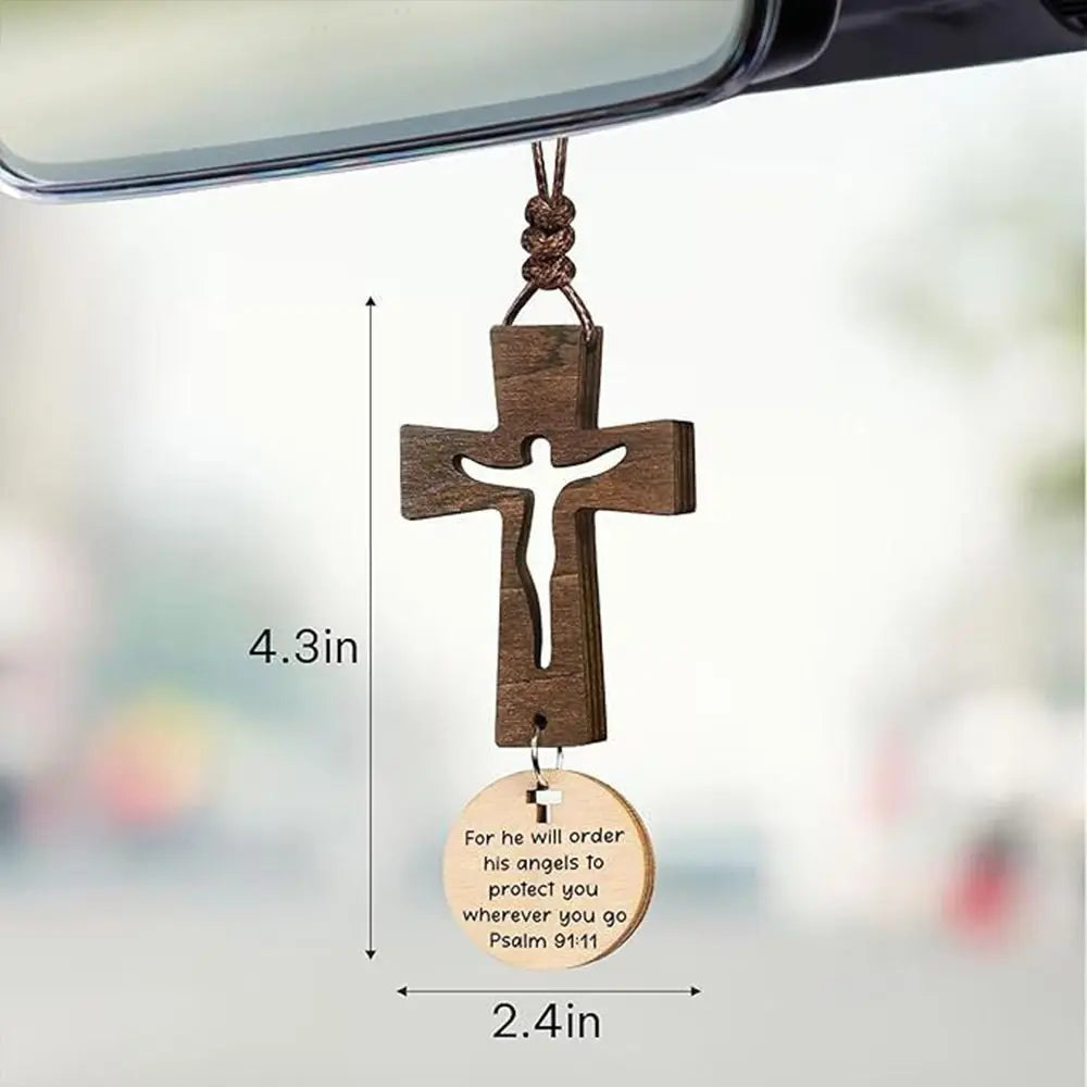 Wood Cross Car Mirror Pendant – Bible Verse Hanging Charm Car Mirror Ornament HIP