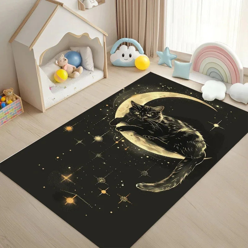 Black Gold Galaxy Cat Moon Star Non-Slip Area Rug Non-Slip Area Rug HIP