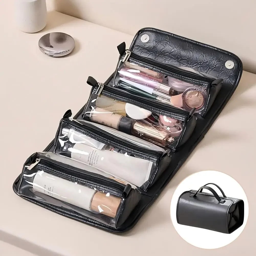 PU Leather Travel Cosmetic Bag Large Capacity Foldable Design Makeup Organizer Bag Waterproof Material Portable Makeup Case HIP Grey