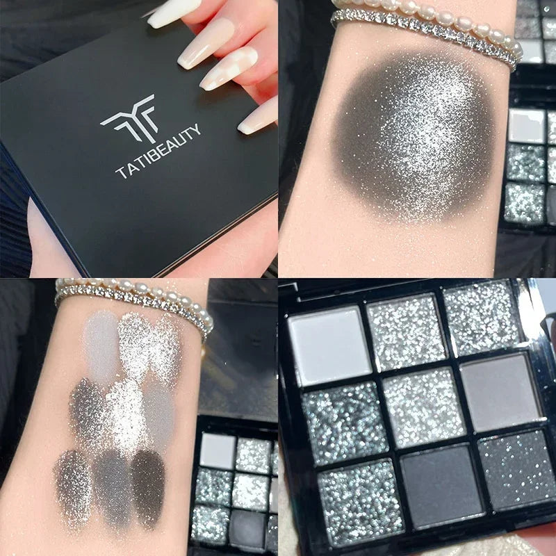 9 Colors Punk Smokey Matte Glitter Eyeshadow Palette Shimmer Eye Shadow Makeup Palette Cool Toned Gray Black Eye Pigment Palett HIP 02-TATIBEAUTY