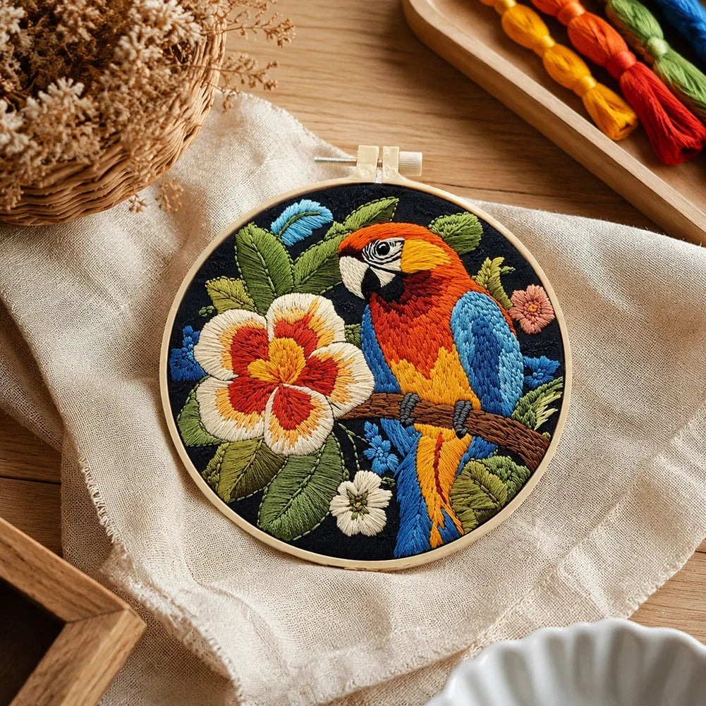 DIY Parrot Embroidery Set Embroidery Supplies with 15cm Bamboo Ring Animal Sewing Hobby Butterfly Bird Bee Adult Beginner Gift HIP