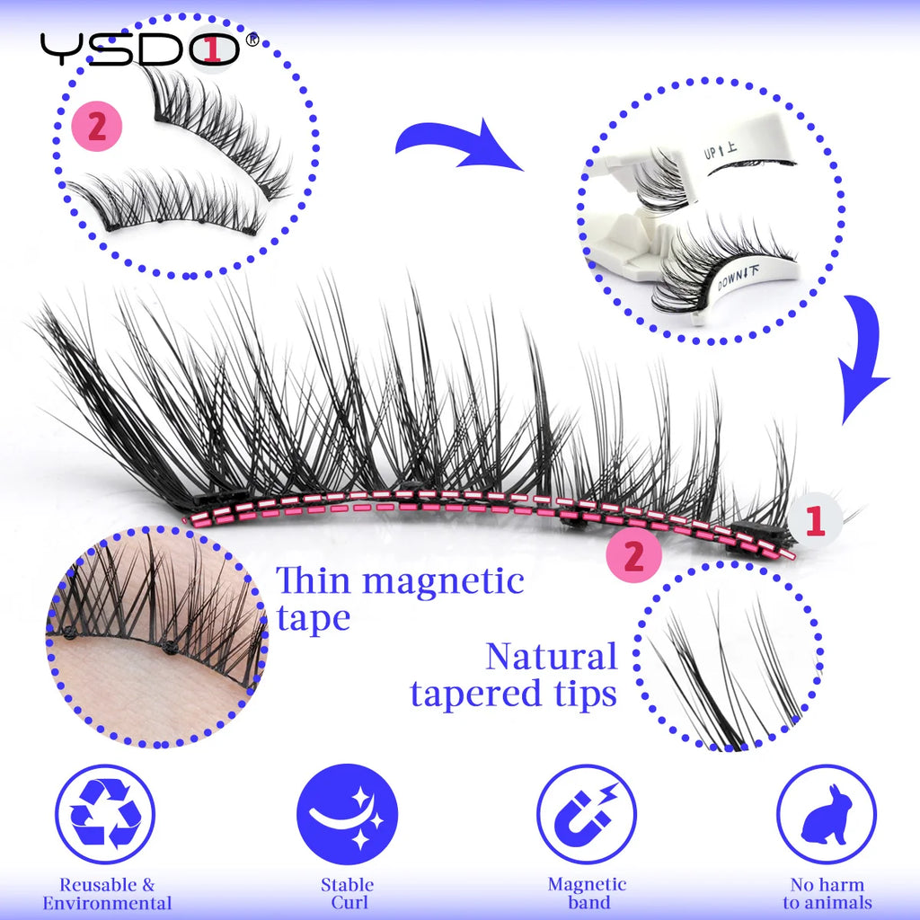 YSDO Upgrade Magnetic False Eyelashes With Tweezers Set 1 Pair Eyelash Extension 3D Natural Lashes 3-Step Press On False Eyelash HIP