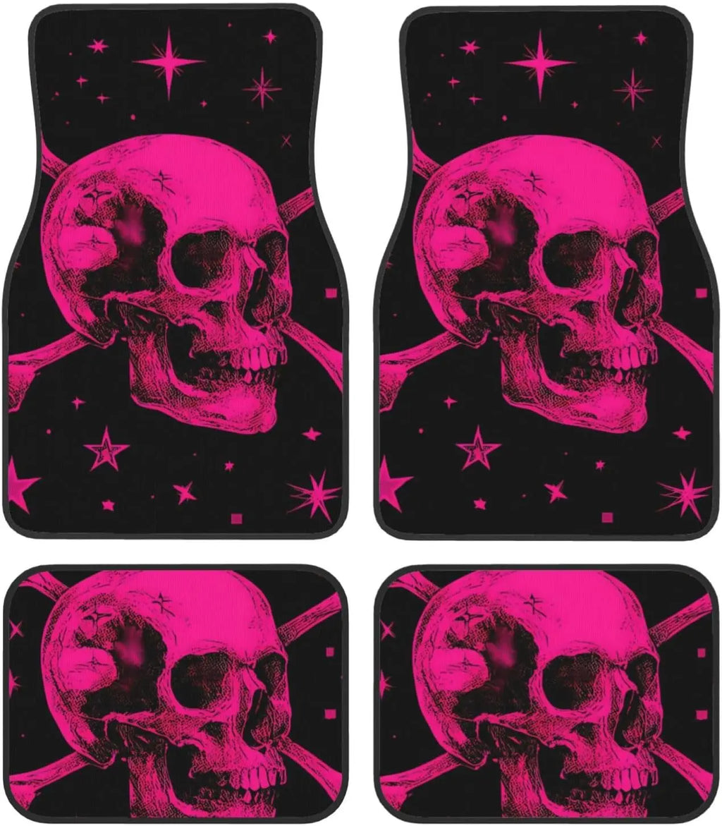 Hot Pink Skull Car Floor Mats – 4-Piece All-Weather Set Car Floor Mat Set HIP black