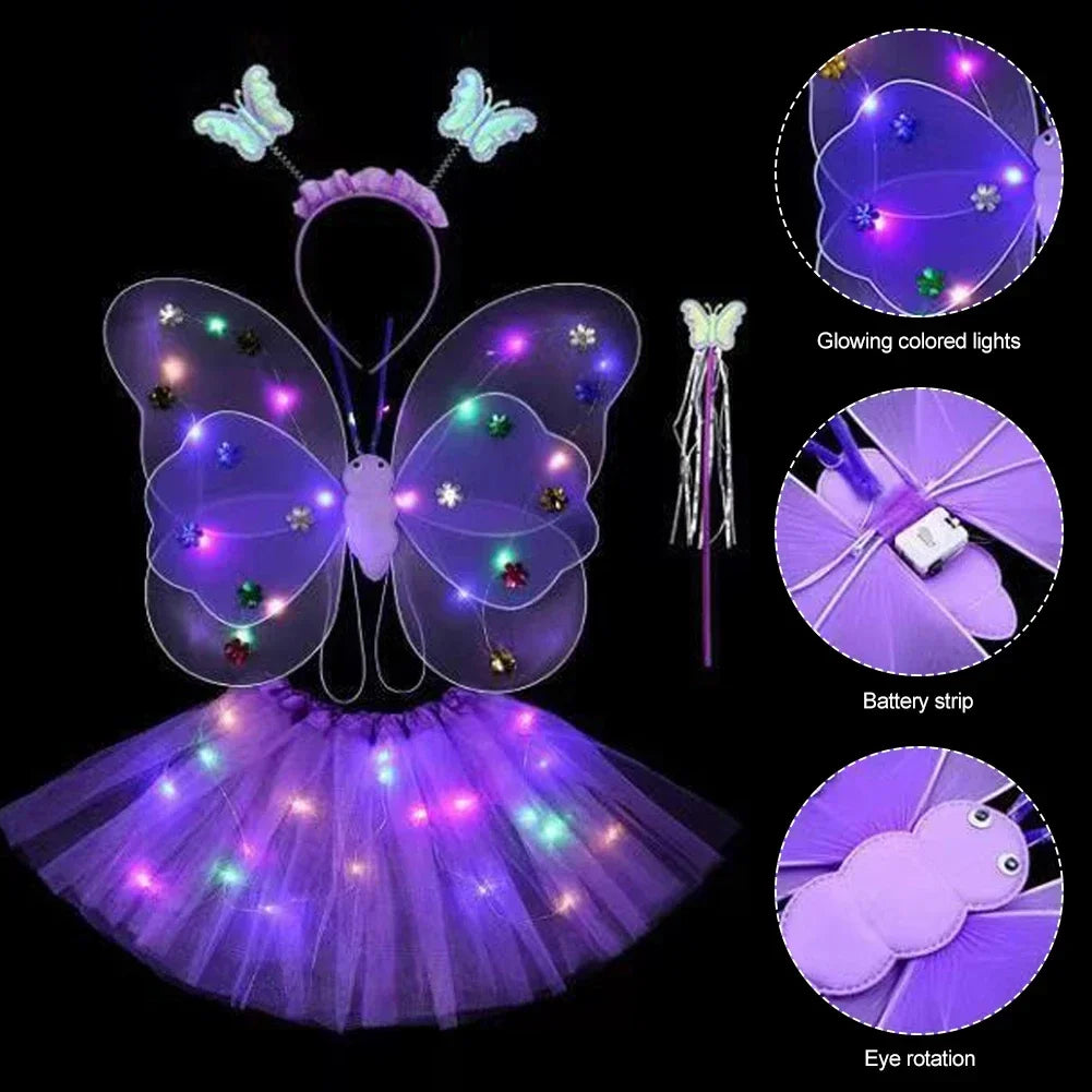 3/4Pcs/Set Double Layers Girls Led Flashing Light Fairy Butterfly Wing Wand Headband Costume Toy Gift Halloween Decoration HIP