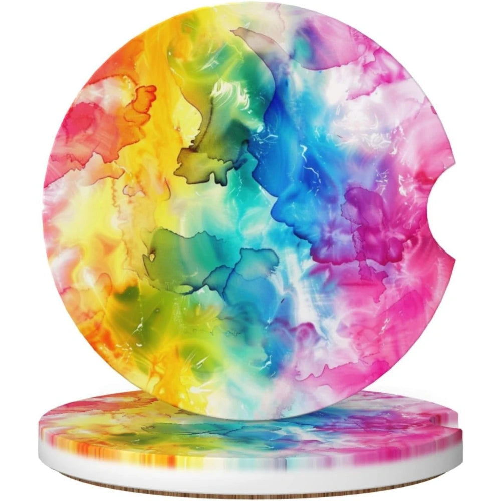 Rainbow Tie-Dye Ceramic Car Cup Holder Coasters – 2 Pack Car Cup Coasters HIP 1 Other
