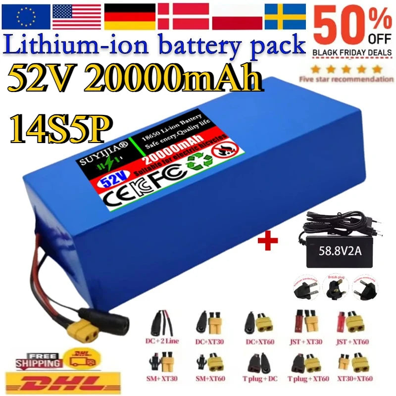 52V 20Ah 18650 Lithium Battery 14S5P with BMS & Charger Lithium Battery Pack HIP