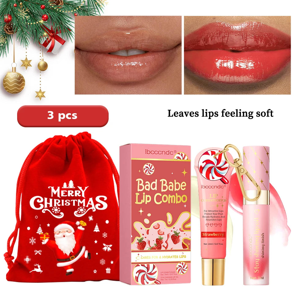 Strawberry Scent Lip Gloss Duo Combo with Keychain Long Lasting Nourish Plumper Lip Cosmetics Christmas Gift HIP 3strawberry