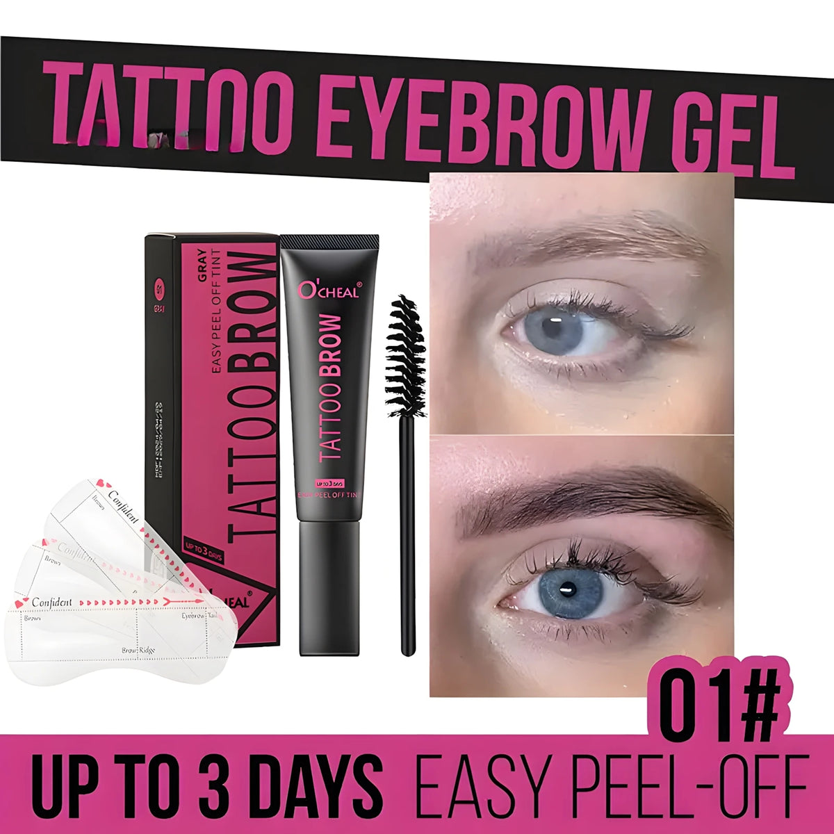 Waterproof Tattoo Brow Peel Off Tint with Stencils - Semi-Permanent Eyebrow Tint Lasts Up to 3 Days - Easy to Apply and Long-Las HIP Color01
