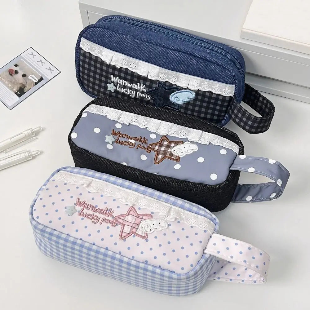 Lace Plaid Canvas Pencil Pouch – Large Capacity Pen Bag Pencil Pouch HIP