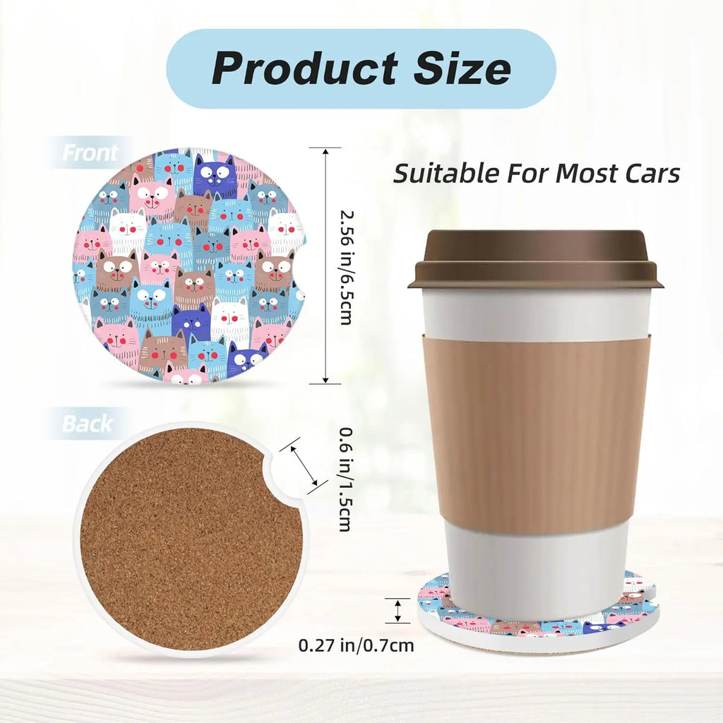 Colorful Cats Ceramic Car Cup Holder Coasters – 2 Pack Car Cup Coasters HIP