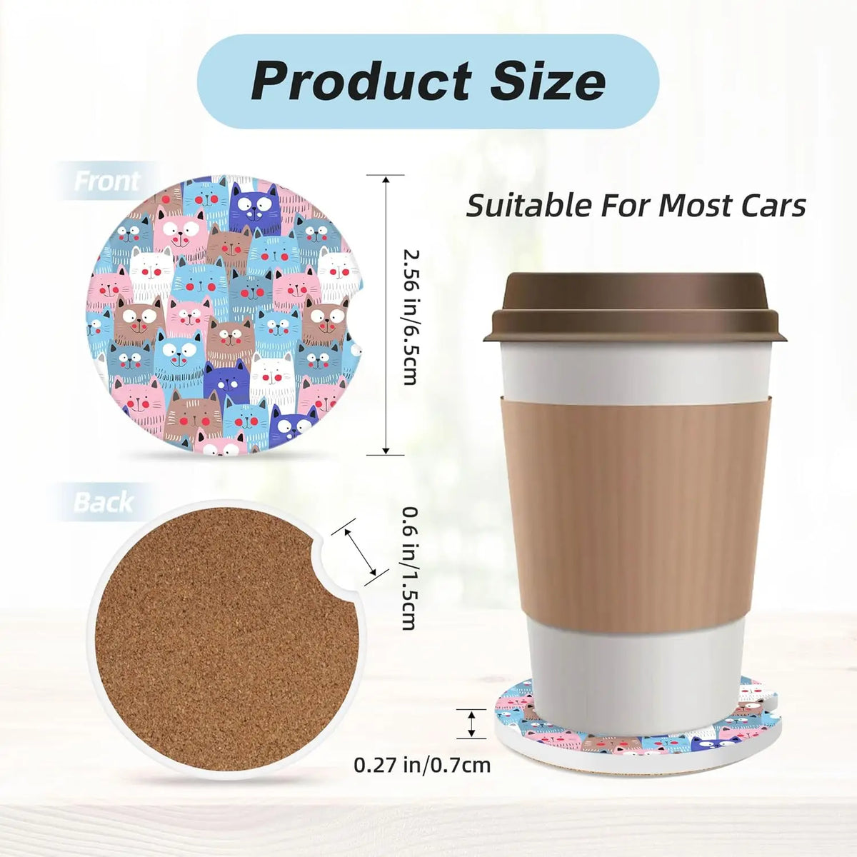 Colorful Cats Ceramic Car Cup Holder Coasters – 2 Pack Car Cup Coasters HIP
