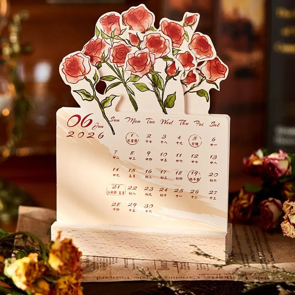 2026 Mini Desk Calendar – Rose Floral Design & Wooden Base Mini Desk Calendar HIP