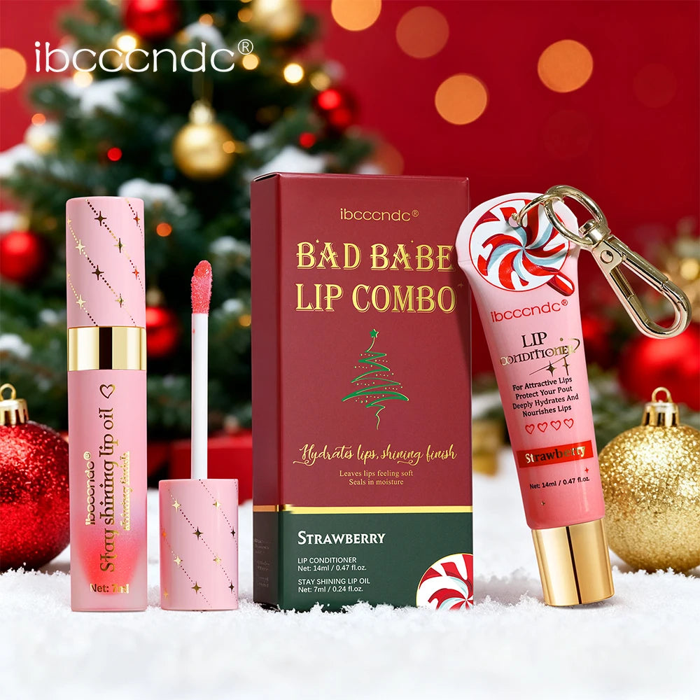 2pcs Bad Girl Glossy Christmas Lip Gloss Set Strawberry Lip Balm and Lip Gloss Combo Long-Lasting Hydrating Plump Lips Christmas HIP