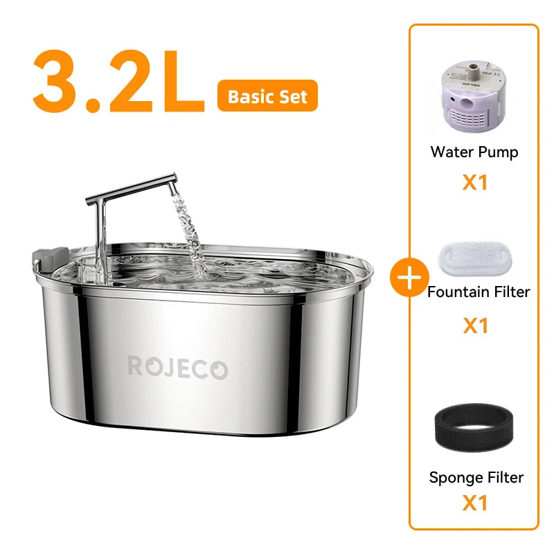 ROJECO 3.2L Stainless Steel Cat Water Fountain Filter For Dog Automatic Pet Drinker Dispenser Drinking Fountain For Cat Supplies HIP 3.2L No plug