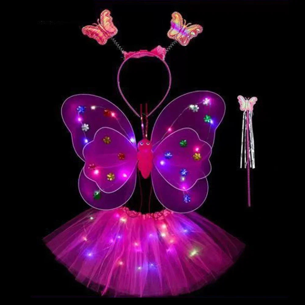 3/4Pcs/Set Double Layers Girls Led Flashing Light Fairy Butterfly Wing Wand Headband Costume Toy Gift Halloween Decoration HIP 4pcs Rose Red