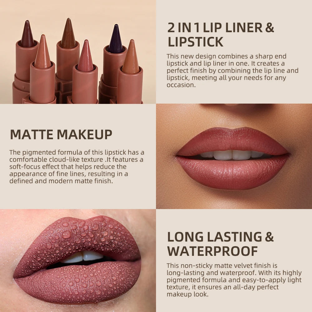 2Pcs Lip Liner & Lip Gloss Set Matte Black Brown Velvet Lipstick Waterproof Non-sticky Contour Lipliner Crayon Lip Makeup Tint HIP