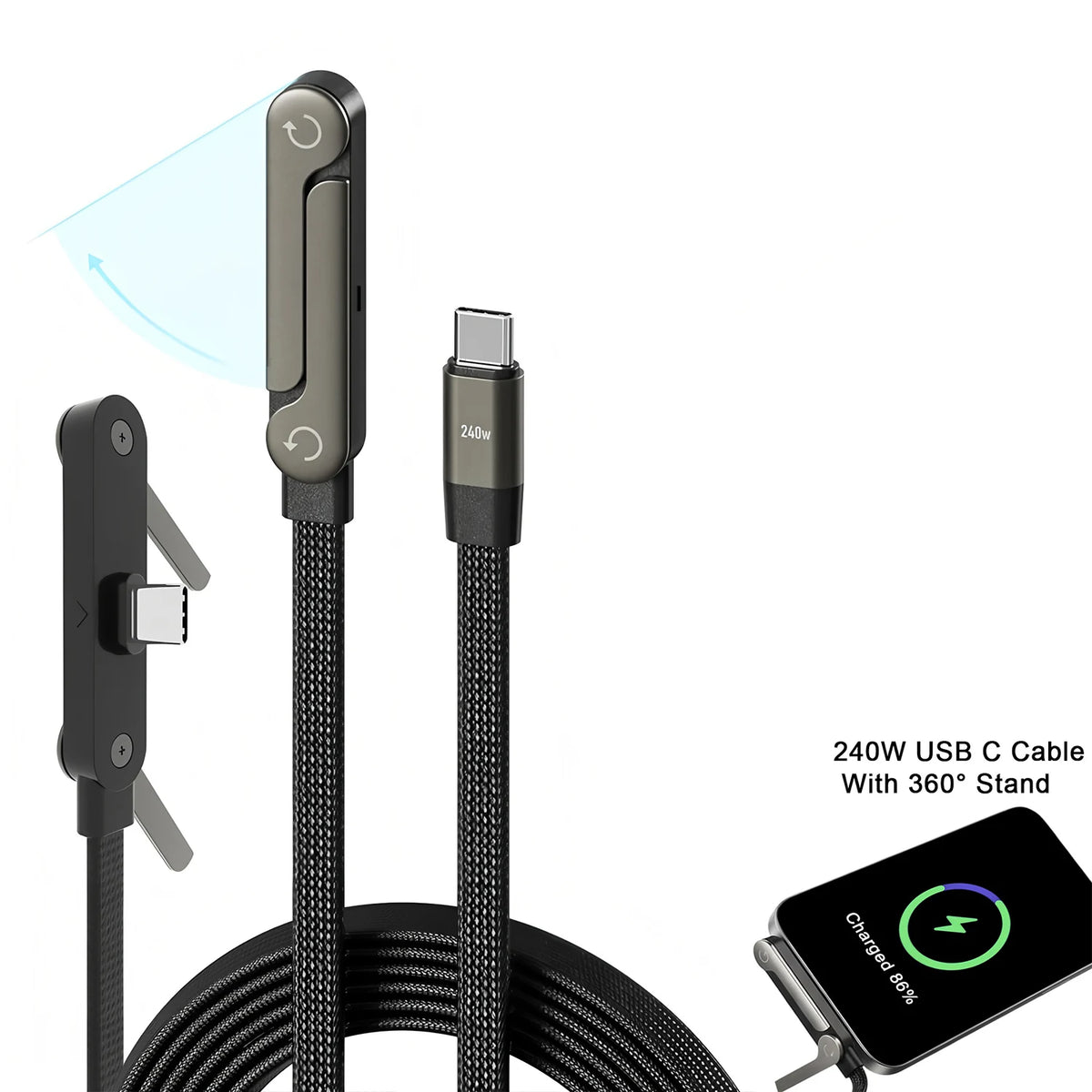240W USB-C Fast Charge Cable with Foldable Phone Stand | 6A USB-C Charging Cable HIP