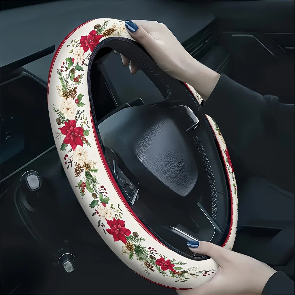 Christmas Floral & Pinecone Car Steering Wheel Cover Steering Wheel Cover HIP