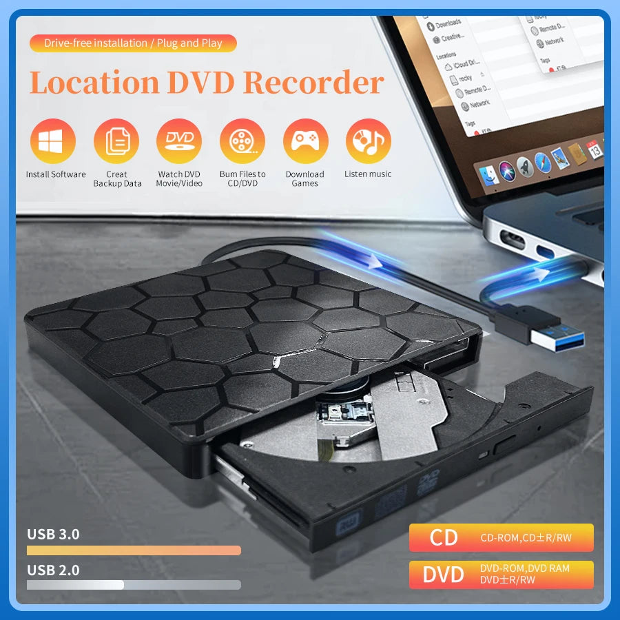 2 in 1 External DVD RW Drive USB 3.0 Type C Interface Slim DVD CD Writer Burner Reader Player Optical Drive For Laptop Notebook HIP