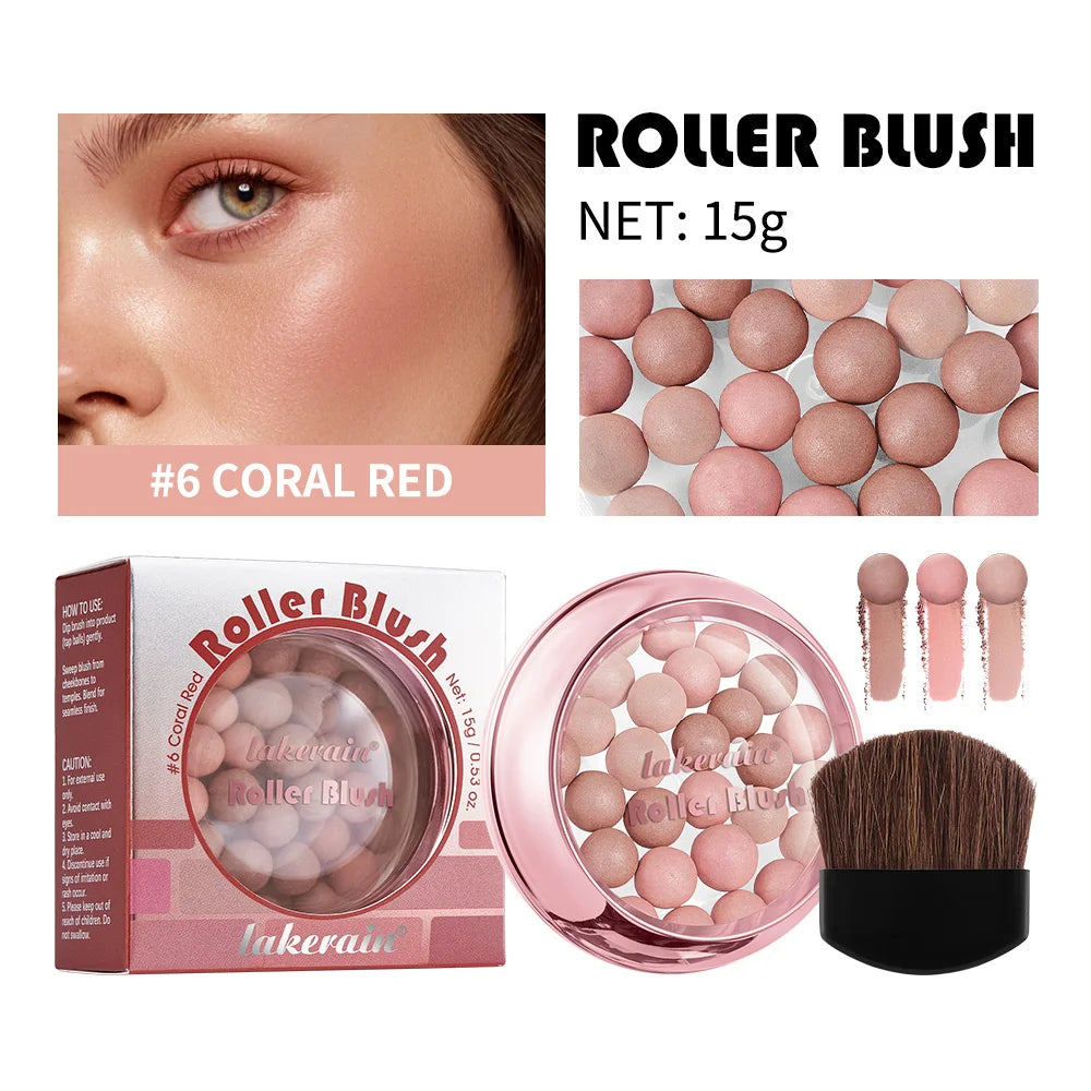 Spherical Roller Blush With Brush Natural Makeup Long Lasting Pearlescent Cosmetics For Women Face Contour Blusher HIP 6Coral Red