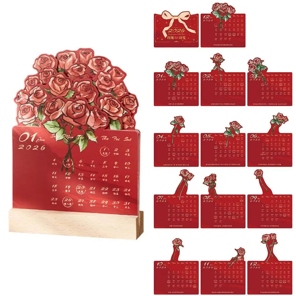 2026 Mini Desk Calendar – Rose Floral Design & Wooden Base Mini Desk Calendar HIP