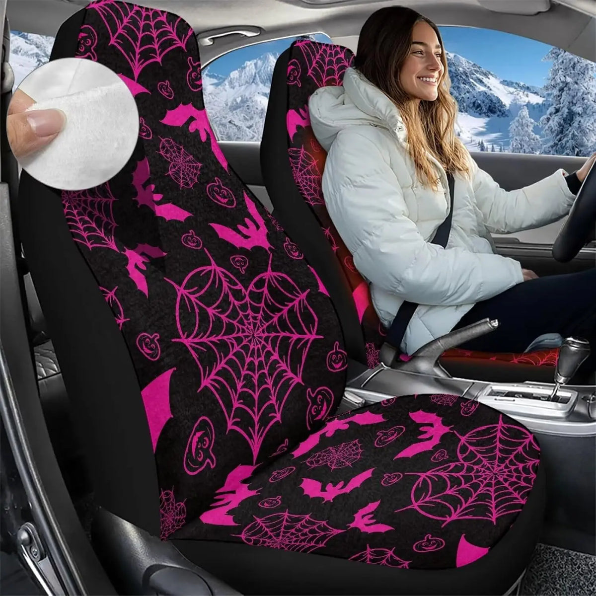 Pink Bats Halloween Car Seat Cover Set – 2-Piece Soft Plush Car Seat Cover Set HIP