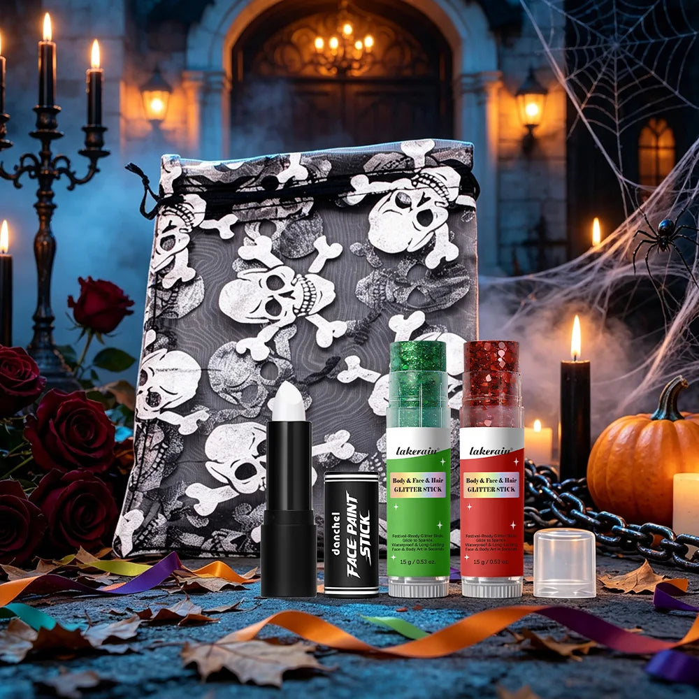 4pcs Halloween Stage Makeup Kit Red Green Sequins White Lipstick Equipped With Storage Pouch Cosplay Party Body Face Decorations HIP
