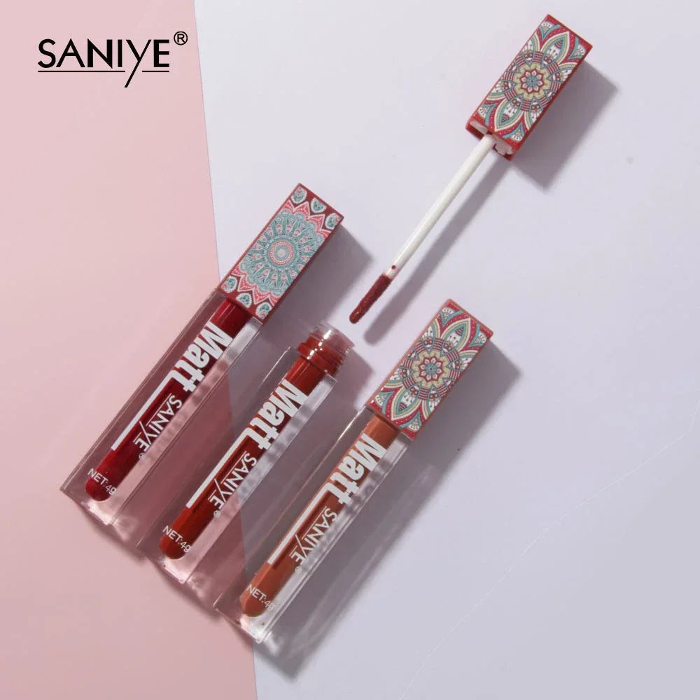 SANIYE Brand Makeup Nude Lip Gloss Waterproof Liquid Matte Lipstick Long Lasting 4g Quick Dry Red Lip Gloss Cosmetics HIP