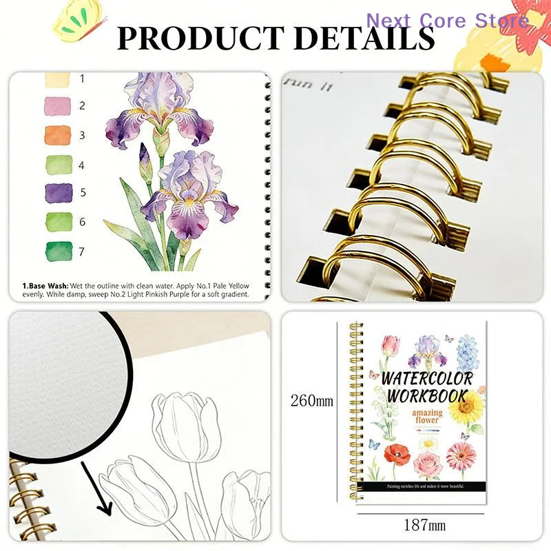 Spiral Bound Watercolor Flower Workbook – Thick Cotton Paper Watercolor Sketchbook HIP