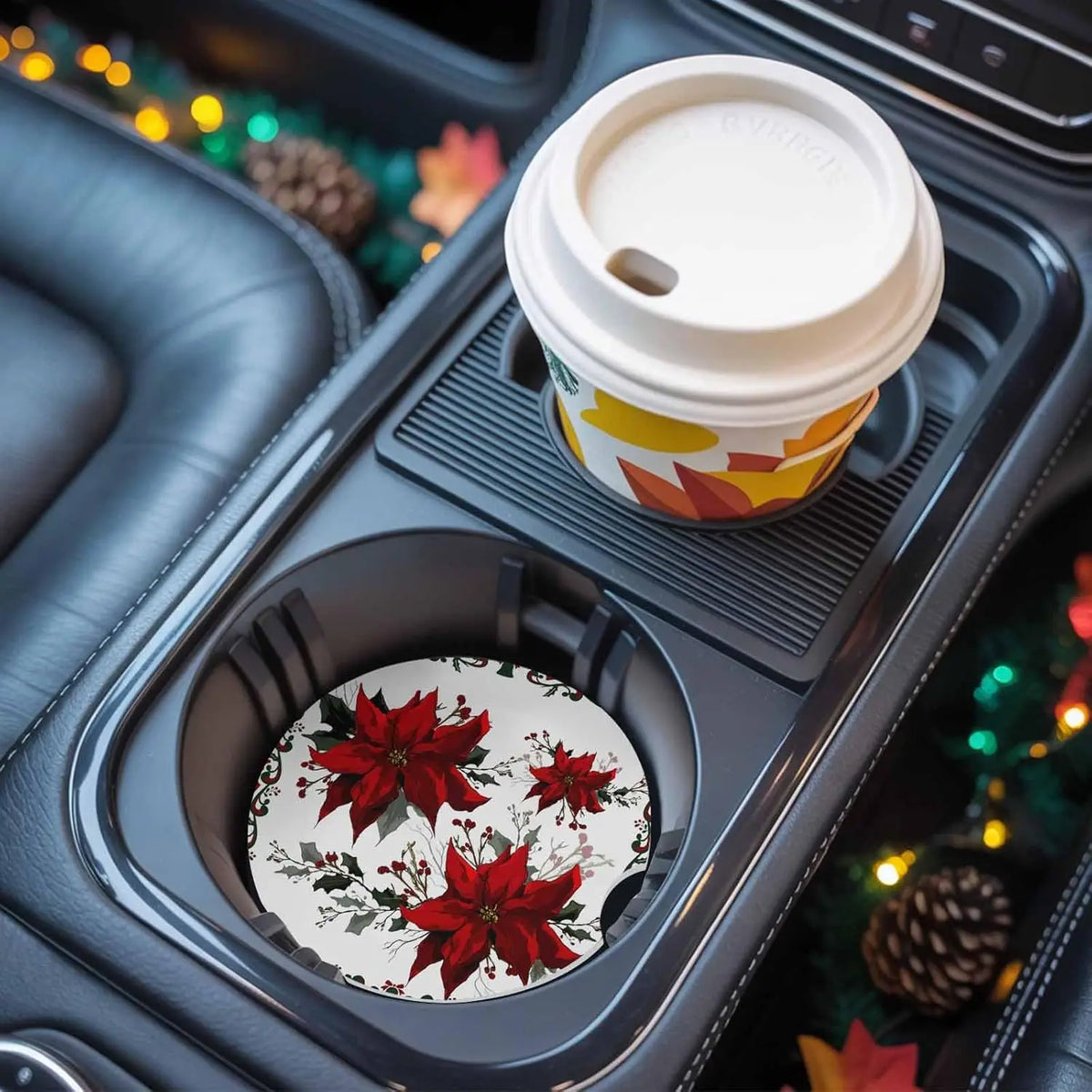 Christmas Poinsettia Ceramic Car Cup Coasters Set of 2 – 2.56" Car Cup Coasters HIP