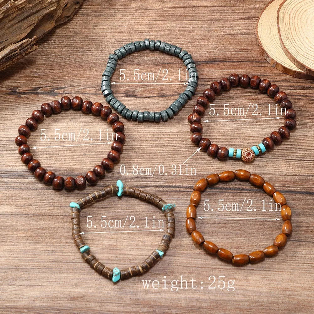 5Pcs Wood Beads Beaded Bracelet Set For Men Women Vintage Wood Beads Elastic Chain Bangle Fashion Daily Party Jewelry HIP