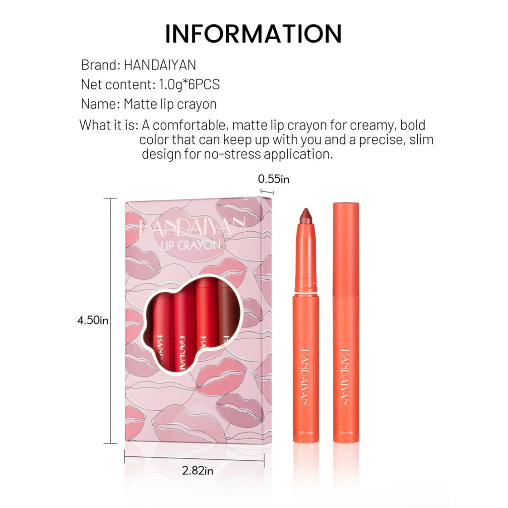 Handaiyan 6-Pc Matte Lip Crayon Set – Waterproof Lip Liner Matte Lip Crayon Set HIP