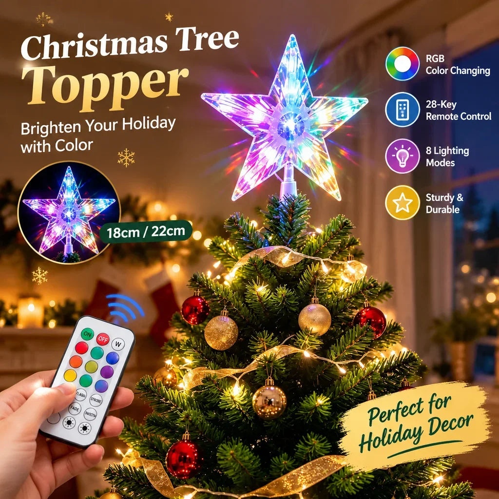 RGB LED Color Changing Five-Pointed Star Christmas Tree Topper 18Cm/22Cm With 28-Key Remote Xmas Home Decor HIP
