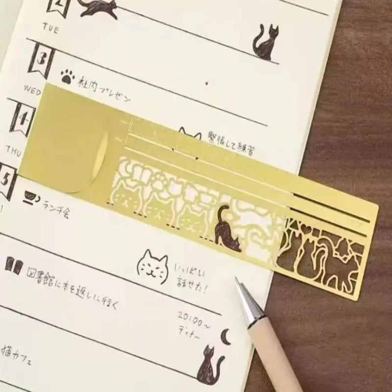 Cute Cat Brass Ruler Bookmark – 2-in-1 Measuring & Page Marker Ruler Bookmark HIP Gold
