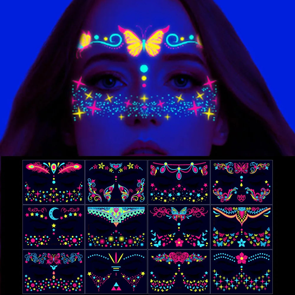 12/24pcs Luminous Temporary Tattoos Stickers UV Neon Fluorescent Glow in the Dark For Body Face Tattoo Stickers Party Accessorie HIP